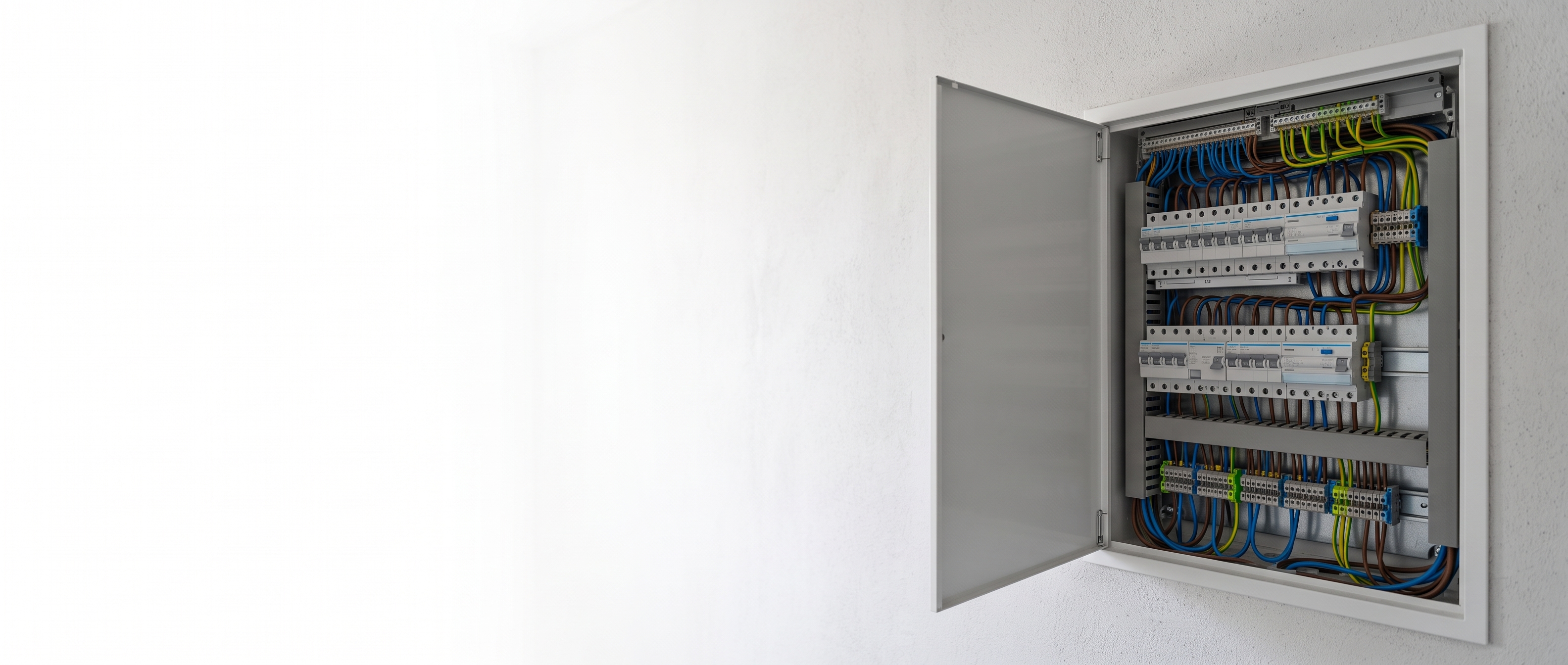 Geöffneter, sauber verdrahteter Schaltschrank